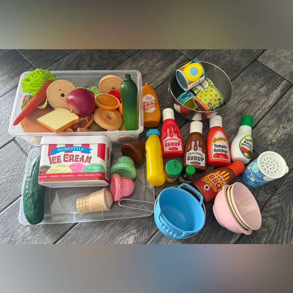 Melissa and Doug play kitchen food lot PBK Pottery barn kids dishes